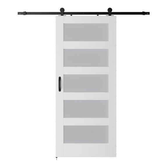 ATT Hardware 36"x 84" White Glass Barn Door with 6.6FT Sliding Door Hardware & Handle,5 Panel Frosted Glass,DIY Assembly