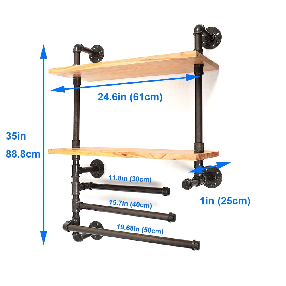 ATT Hardware Industrial Iron 3 Tier Grey Pipe Floating Shelves Retro Solid Wood Shelves Laundry Room Décor