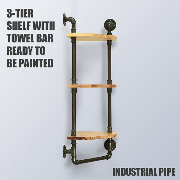 ATT Hardware Industrial Iron 3 Tier Wall-Mounted Corner Pipe Shelves Retro Solid Wood Floating Shelf,Black