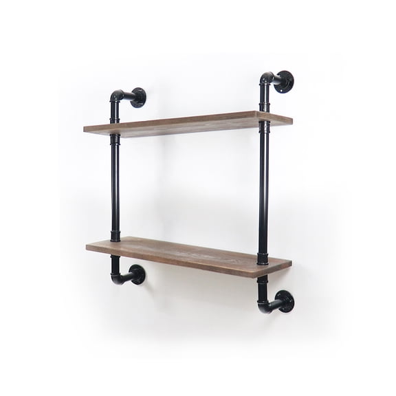 ATT Industrial Pipe Shelf Wall Shelf Rustic Wood with Black Iron Pipe 2 Tier