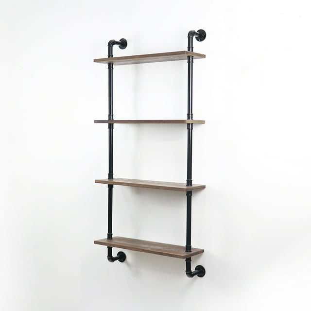 ATT Industrial Pipe Shelf Wall Shelf Rustic Wood with Black Iron Pipe 4