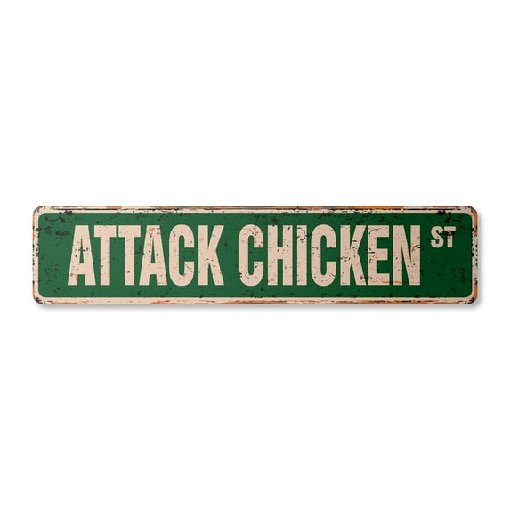 ATTACK CHICKEN Vintage Aluminum Street Sign joke funny chick coop farmer rustic metal tin | Indoor/Outdoor | 18" Wide