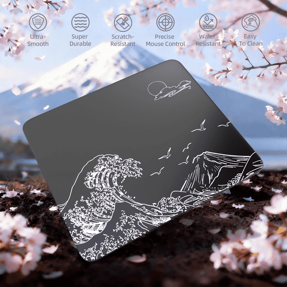 ATTACK SHARK CM05 Glass Gaming Mouse Pad,17.7x15.7 in Tempered Glass Hard Large Mouse Mat with Nano-Textured Surface, Non-Slip PU Leather Base,9H Scratch Resistant for FPS &PC Gaming Black Wave