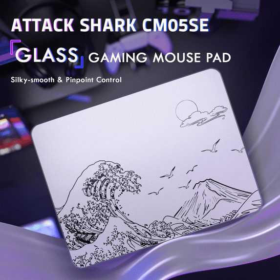 ATTACK SHARK CM05 Glass Gaming Mouse Pad, 17.7x15.7 in Tempered Glass Hard Mouse Pad with Nano-Textured Surface, Non-Slip PU Leather Base,9H Scratch Resistant Large Mouse Mat for FPS &PC Gaming