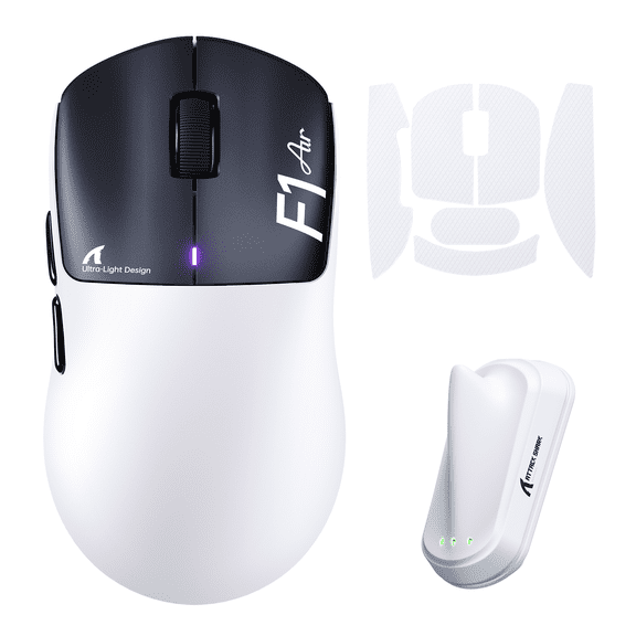 ATTACK SHARK F1 AIR Wireless Gaming Mouse, PAW3955MAX, Nordic 54L15 Chip, 60K DPI, Ultra Light 39g, Dual 8K Hz Polling, 100M Clicks, Tape, BT/2.4G/Wired Mice for Esports & Pro Gamers (White/Black)