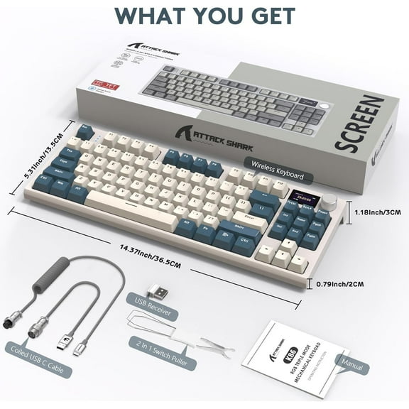ATTACK SHARK K86 RGB 75% Wireless Gasket Mechanical Keyboard,82 Keys Hot Swappable,4000 mAH Battery/CNC Knob& 1.2''HD OLED Digital Display,Custom Linear Switches& Detachable Coiled Cable-Retro Blue