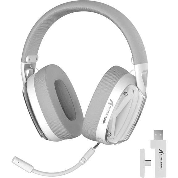 ATTACK SHARK L60 Wireless Over-Ear Gaming Headset,40mm Drivers,Detachable Noise Cancelling Mic,Memory Foam Ear Pads,3 Modes USB Computer Headset with 5.1 Surround Sound for PC/Mac-White