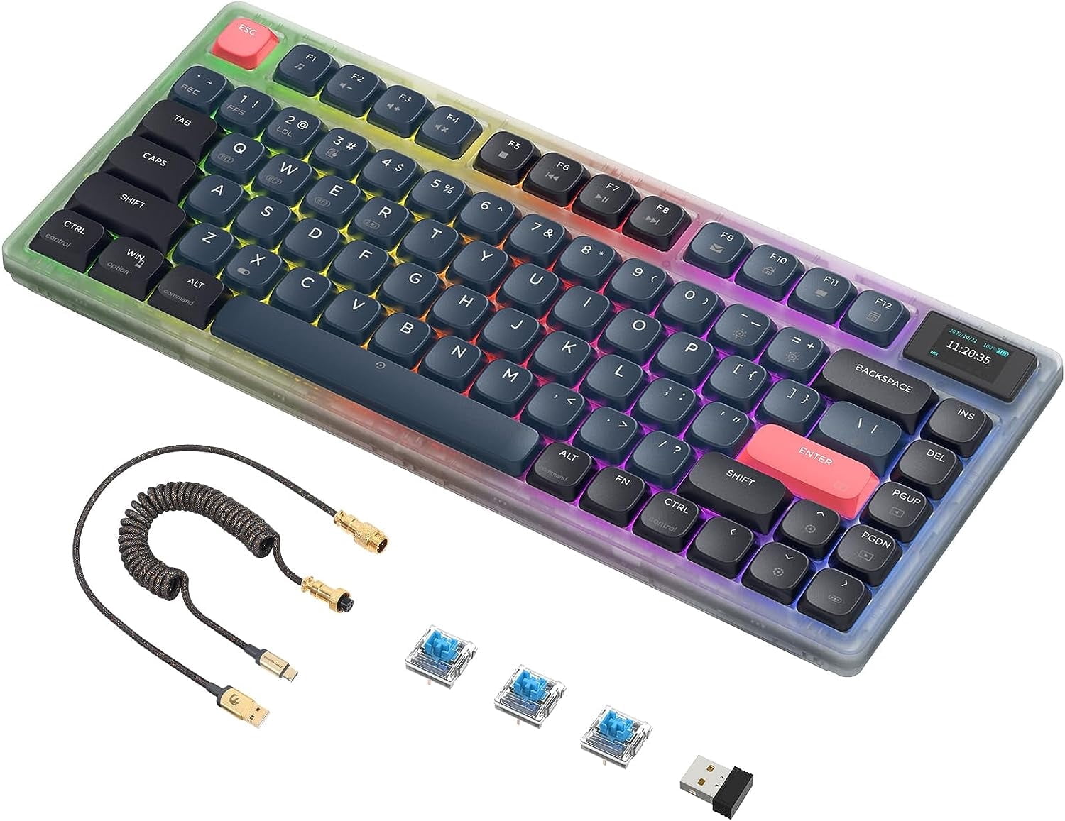 AJAZZ Low Profile Mechanical Keyboard 75%,BT5.0/2.4G/Cable,PBT,White Backlit-Blue Switch