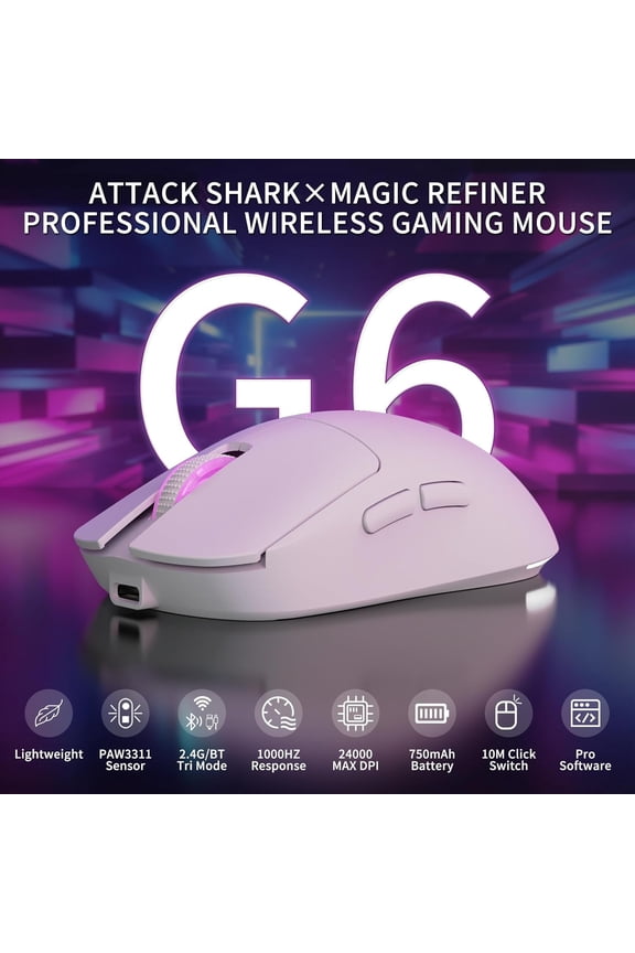 ATTACK SHARK×Magic-Refiner G6 Wireless Gaming Mouse Tri-Modes Connection 2.4G/BT/USB-C 24000 DPI 1000Hz Polling Rate with Anti-Slip Grips,750mAh Battery Gaming Mice for Laptop/PC/Mac Gamer