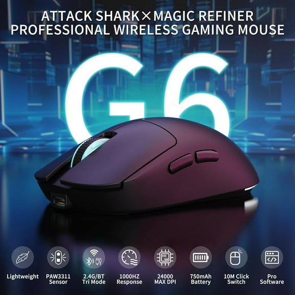 ATTACK SHARK×Magic-Refiner G6 Wireless Gaming Mouse Tri-Modes Connection 2.4G/BT/USB-C 24000 DPI 1000Hz Polling Rate with Anti-Slip Grips,750mAh Battery Gaming Mice for Laptop/PC/Mac Gamer