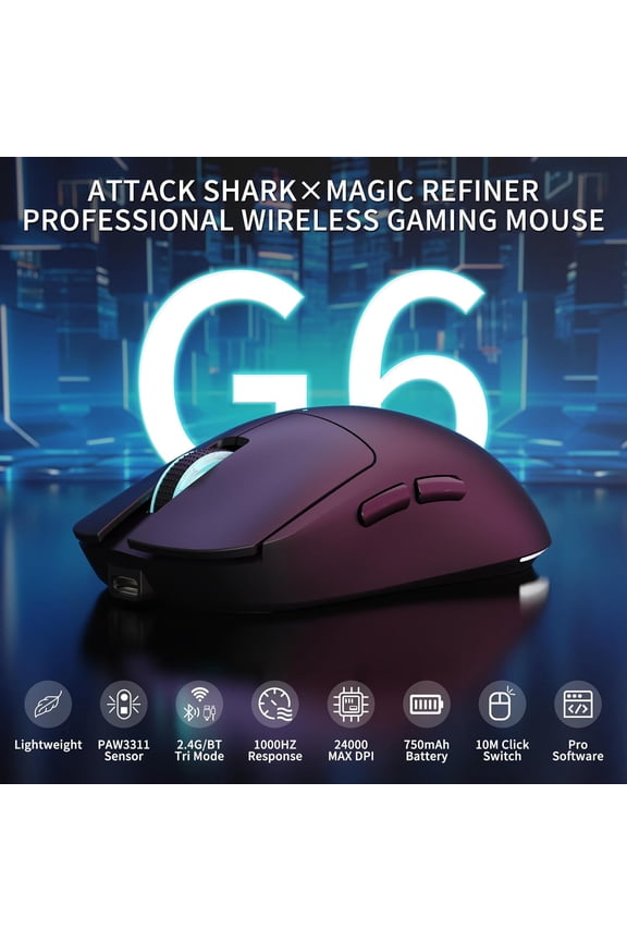 ATTACK SHARK×Magic-Refiner G6 Wireless Gaming Mouse Tri-Modes Connection 2.4G/BT/USB-C 24000 DPI 1000Hz Polling Rate with Anti-Slip Grips,750mAh Battery Gaming Mice for Laptop/PC/Mac Gamer