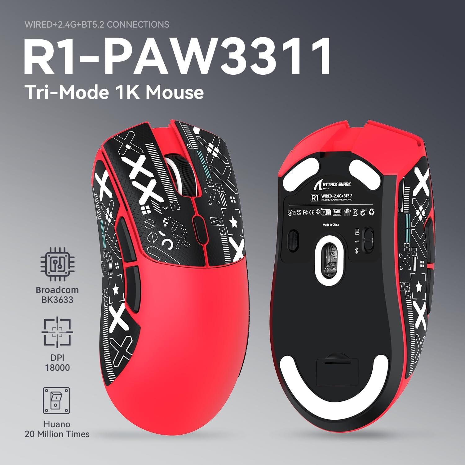 ATTACK SHARK R1 SUPERLIGHT Mouse with Tape, PixArt PAW3311 Gaming Sensor, BT/2.4G Wireless/Wired Gaming Mouse, 6 Adjustable DPI up to 18000, 65 Hrs Battery, Office Mice for Win11/Xbox/PS/Mac