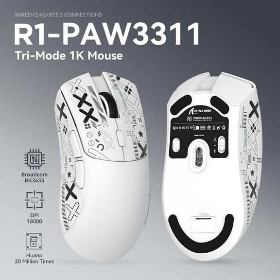 ATTACK SHARK R1 SUPERLIGHT Mouse with Tape, PixArt PAW3311 Gaming Sensor, BT/2.4G Wireless/Wired Gaming Mouse, 6 Adjustable DPI up to 18000, 65 Hrs Battery, Office Mice for Win11/Xbox/PS/Mac