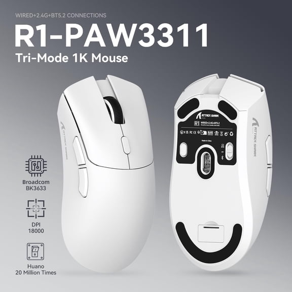 ATTACK SHARK R1 SUPERLIGHT Mouse with Tape, PixArt PAW3311 Gaming Sensor, BT/2.4G Wireless/Wired Gaming Mouse, 6 Adjustable DPI up to 18000, 65 Hrs Battery, Office Mice for Win11/Xbox/PS/Mac