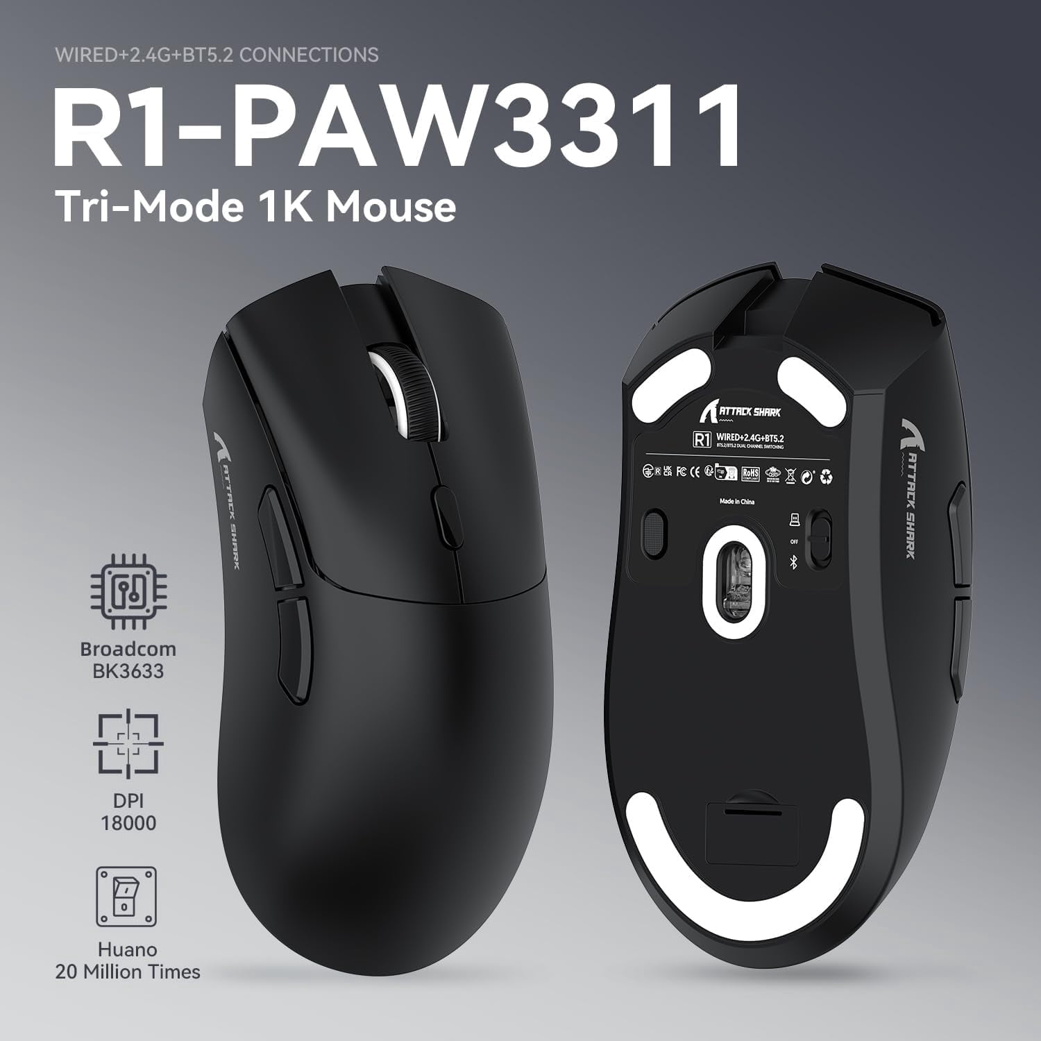 ATTACK SHARK R1 SUPERLIGHT Mouse with Tape, PixArt PAW3311 Gaming Sensor, BT/2.4G Wireless/Wired Gaming Mouse, 6 Adjustable DPI up to 18000, 65 Hrs Battery, Office Mice for Win11/Xbox/PS/Mac