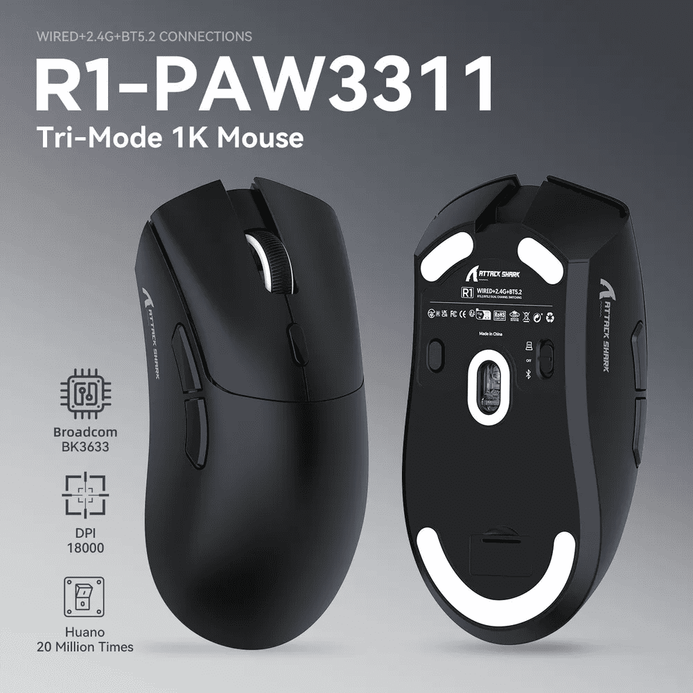 ATTACK SHARK R1 SUPERLIGHT Mouse with Tape, PixArt PAW3311 Gaming Sensor, BT/2.4G Wireless/Wired Gaming Mouse, 6 Adjustable DPI up to 18000, 65 Hrs Battery, Office Mice for Win11/Xbox/PS/Mac