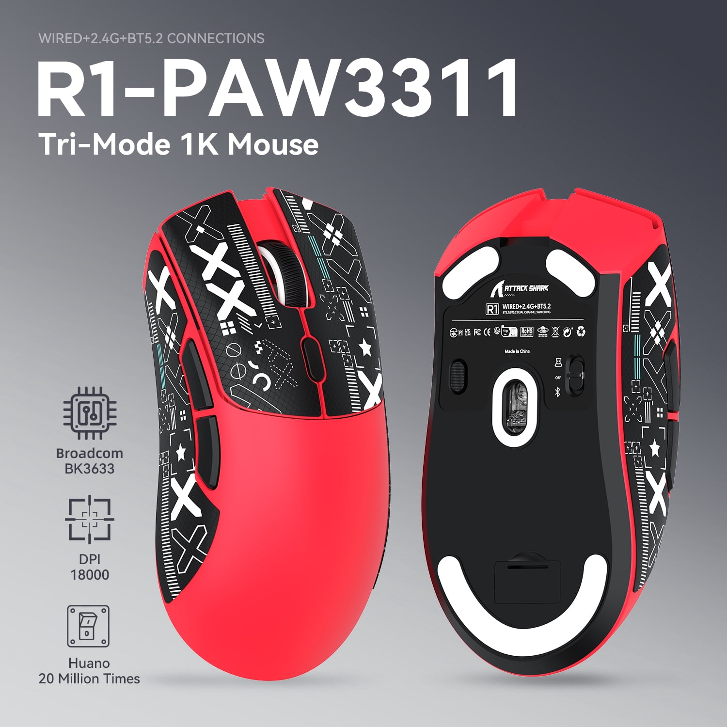 ATTACK SHARK R1 SUPERLIGHT Mouse with Tape, PixArt PAW3311 Gaming Sensor, BT/2.4G Wireless/Wired Gaming Mouse, 6 Adjustable DPI up to 18000, 65 Hrs Battery, Office Mice for Win11/Xbox/PS/Mac