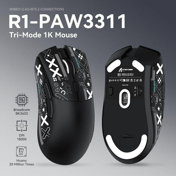 ATTACK SHARK R1 SUPERLIGHT Mouse with Tape, PixArt PAW3311 Gaming Sensor, BT/2.4G Wireless/Wired Gaming Mouse, 6 Adjustable DPI up to 18000, 65 Hrs Battery, Office Mice for Win11/Xbox/PS/Mac