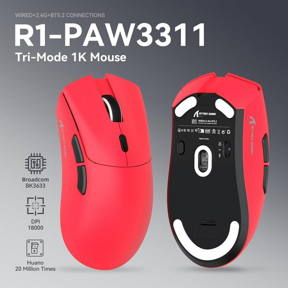 ATTACK SHARK R1 SUPERLIGHT Mouse with Tape, PixArt PAW3311 Gaming Sensor, BT/2.4G Wireless/Wired Gaming Mouse, 6 Adjustable DPI up to 18000, 65 Hrs Battery, Office Mice for Win11/Xbox/PS/Mac