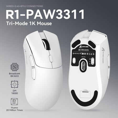 ATTACK SHARK R1 SUPERLIGHT Mouse with Tape, PixArt PAW3311 Gaming Sensor, BT/2.4G Wireless/Wired Gaming Mouse, 6 Adjustable DPI up to 18000, 65 Hrs Battery, Office Mice for Win11/Xbox/PS/Mac