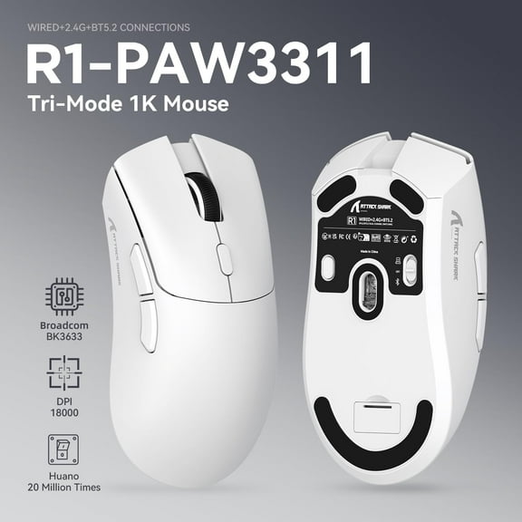 ATTACK SHARK R1 SUPERLIGHT Mouse with Tape, PixArt PAW3311 Gaming Sensor, BT/2.4G Wireless/Wired Gaming Mouse, 6 Adjustable DPI up to 18000, 65 Hrs Battery, Office Mice for Win11/Xbox/PS/Mac