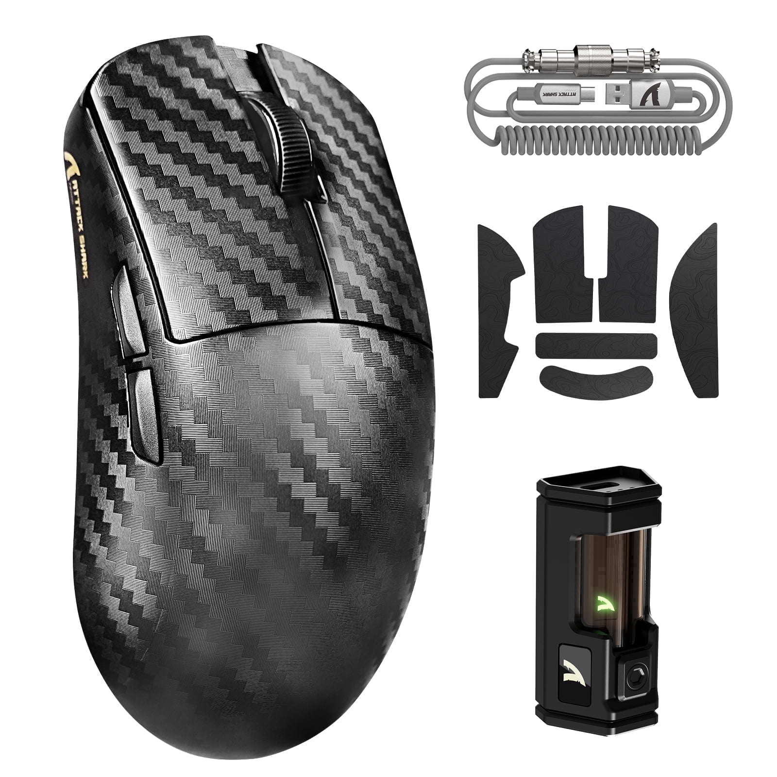 ATTACK SHARK R11 Ultra 8K Carbon Fiber Wireless Gaming Mouse with 42000 DPI-PAW3950 MAX Sensor-49g Lightweight,Nordic 52840 MCU Chip,Wired/BT/2.4Ghz Programmable,RGB Coiled Cable,Weave Black&Tape