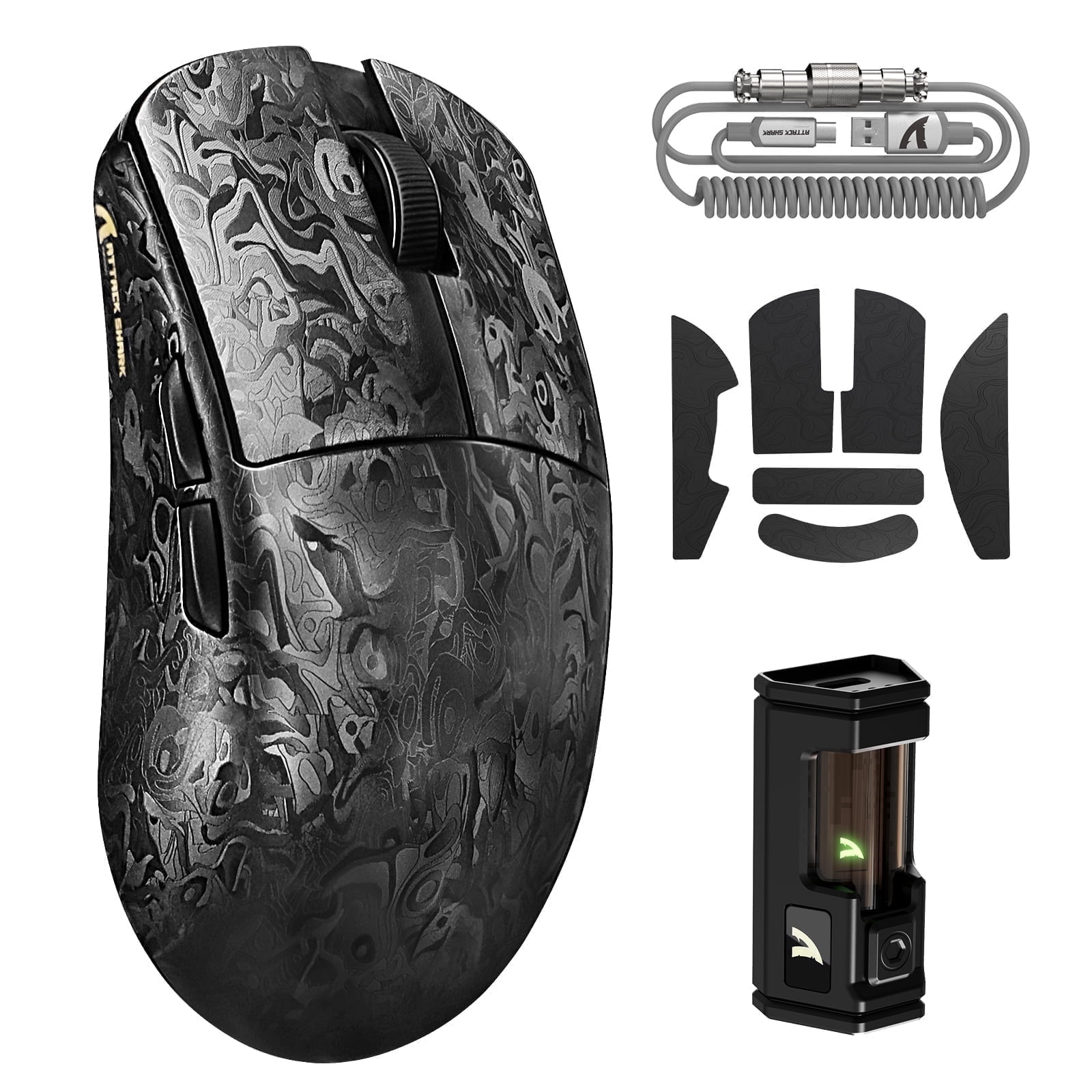 ATTACK SHARK R11 Ultra 8K Carbon Fiber Wireless Gaming Mouse with 42000 DPI-PAW3950 MAX Sensor-49g Lightweight,Nordic 52840 MCU Chip,Wired/BT/2.4Ghz Programmable,RGB Coiled Cable,Forged Black&Tape