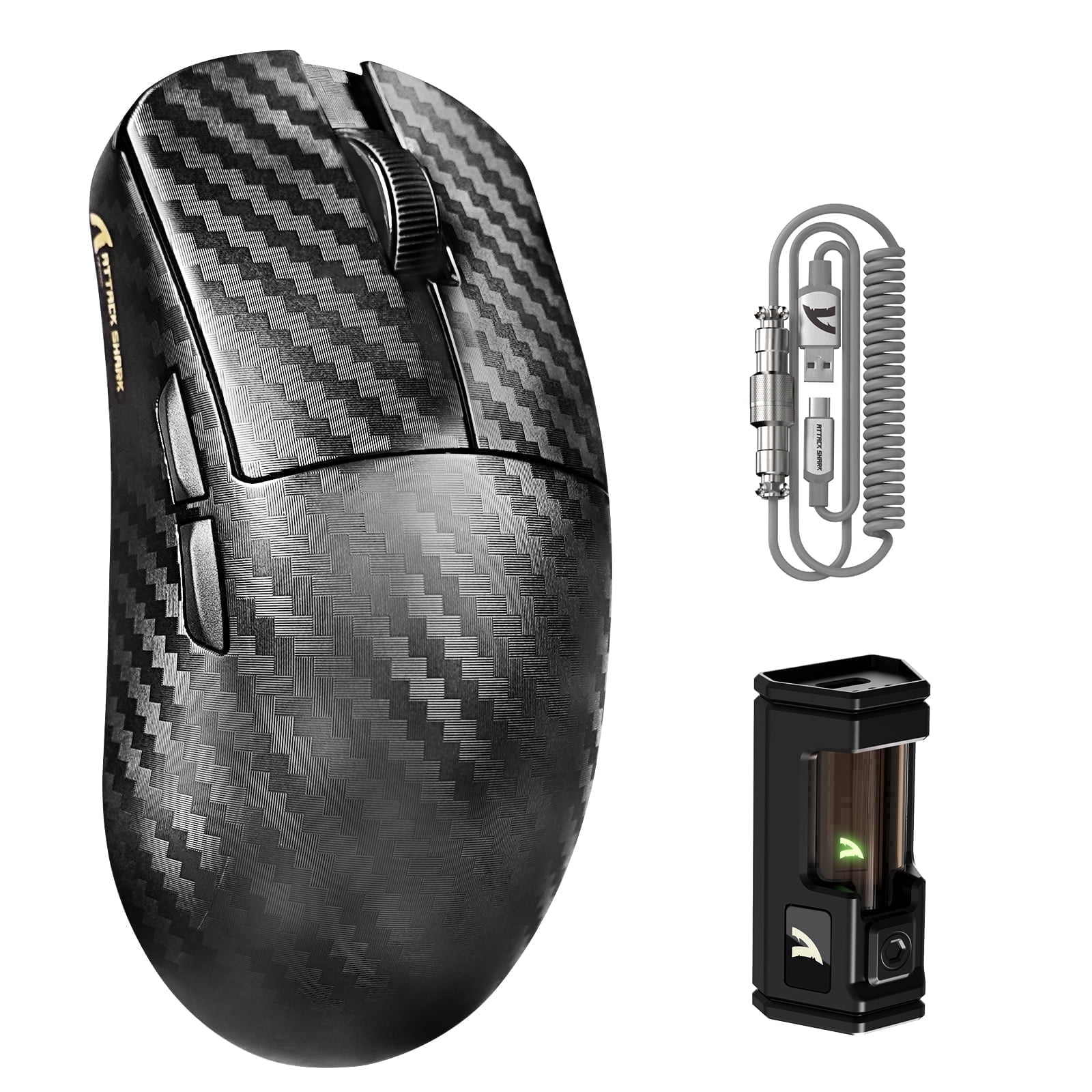 ATTACK SHARK R11 Ultra 8K Carbon Fiber Wireless Gaming Mouse with 42000 DPI-PAW3950 MAX Sensor-49g Lightweight,Nordic 52840 MCU Chip,Wired/BT/2.4Ghz Programmable,RGB Coiled Cable,Weave Black