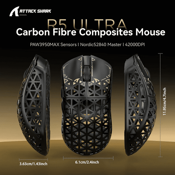 ATTACK SHARK R5 Ultra Carbon Fiber Wireless 8K PixArt PAW3950MAX Gaming Mouse with 8K Coiled Cable,39g SUPERLIGHT, 8K Hz Wireless Polling Rate, MCU Nodic 52840, DPI up to 42000, BT/2.4G Wireless/Wired