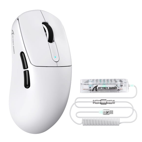 ATTACK SHARK V5 Wireless Gaming Mouse 55g Ultra-Lightweight PAW3950MAX 42K DPI Sensor 8000Hz Polling Rate Tri-Mode-Bluetooth/2.4Ghz/Wired Mice with Coiled Cable for Large Hand(White)