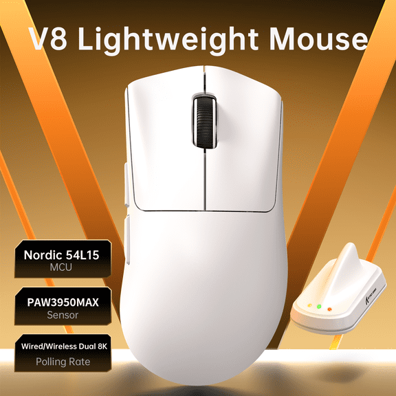 ATTACK SHARK V8 Ultra-Light Ergonomic Wireless Gaming Mouse Right-handed Ergonomic Mouse, Nordic 54L15MCU, PAW3950MAX Sensor, Dual 8000Hz Polling Rate (Wireless/Wired), DPI up to 42000