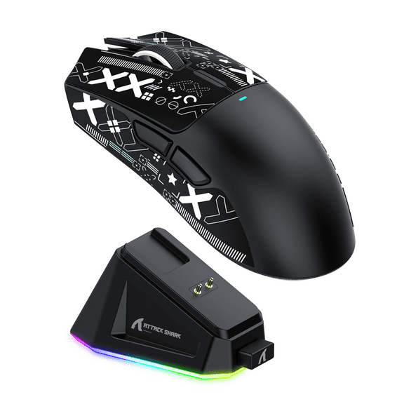 ATTACK SHARK X11 59g Wireless Gaming Mouse with RGB Magnetic Charging Dock, PixArt PAW3311 Sensor, Wired/2.4G/Bluetooth, 22K DPI for PC/Mac-Black&Tape