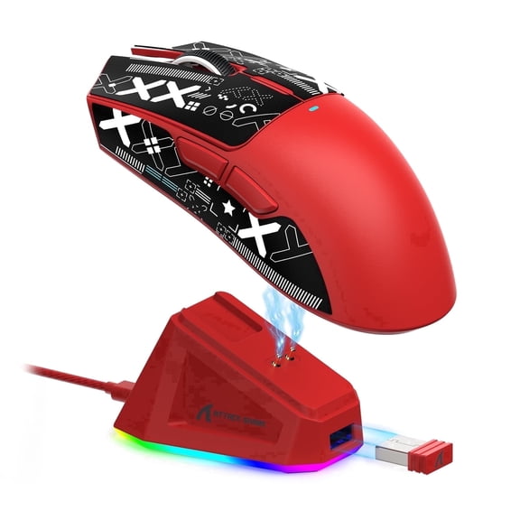 ATTACK SHARK X11 Wireless Gaming Mouse with RGB Charging Dock, Tri-Mode 2.4G/USB-C Wired/Bluetooth, 22000 DPI, PAW3311 Sensor, 5 Programmable Buttons, Grip Tape Included, Red