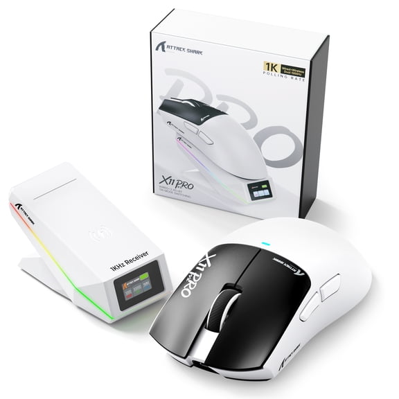 ATTACK SHARK X11 PRO V2 Wireless Gaming Mouse with Display Magnetic Charging Dock, 66g Superlight with PixArt PAW3315 Sensor, 30,000 DPI, 1000Hz, 500mAh Battery, for PC/Mac (Black & White)