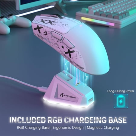 ATTACK SHARK X11 Wireless Gaming Mouse with RGB Magnetic Charging Dock, PixArt PAW3311 Sensor, Ultralight 59g Tri-Mode Gaming Mouse with Tape, Wired/2.4G/BT, 22K DPI for PC/Mac-White&Tape