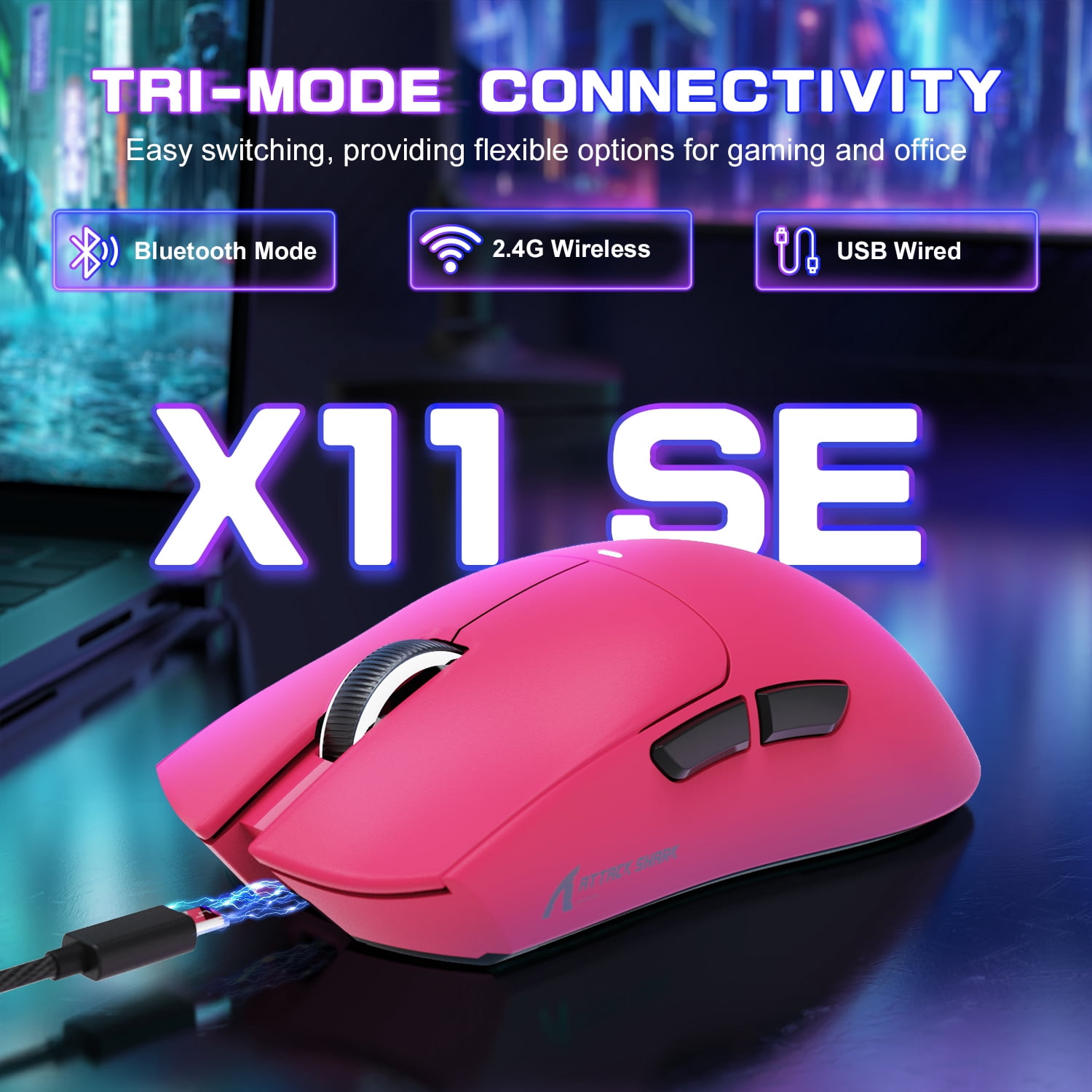 ATTACK SHARK X11SE Wireless Gaming Mouse, PixArt PAW3311 Gaming Sensor, BT/2.4G Wireless/Wired, 65 Hours Battery, Upgrade BK52820 Chip