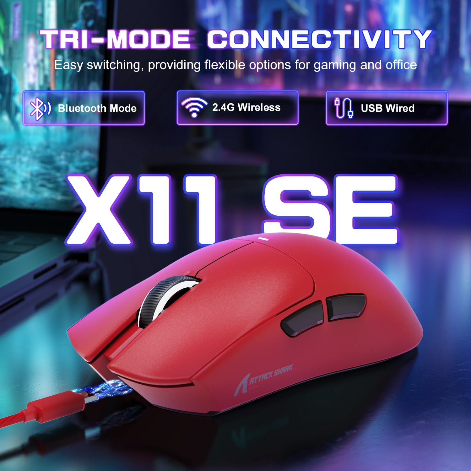 ATTACK SHARK X11SE Wireless Gaming Mouse, PixArt PAW3311 Gaming Sensor, BT/2.4G Wireless/Wired, 65 Hours Battery, Upgrade BK52820 Chip