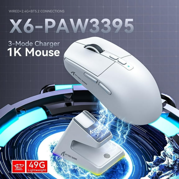 ATTACK SHARK X6 49g SUPERLIGHT Mouse with Magnetic Charging Dock, PixArt PAW3395 Gaming Sensor, BT/2.4G Wireless/Wired Gaming Mouse, 26000 DPI, X3 Upgraded Office Mice for Win11/Xbox/PS/Mac (White)