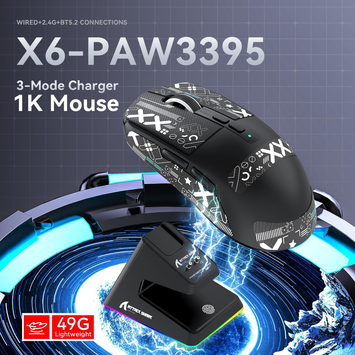 ATTACK SHARK X6 49g SUPERLIGHT Mouse with Magnetic Charging Dock, PixArt PAW3395 Gaming Sensor, BT/2.4G Wireless/Wired Gaming Mouse with Tape, 26000 DPI, X3 Upgrade Mice for Win11/Xbox/PS/Mac (Black)