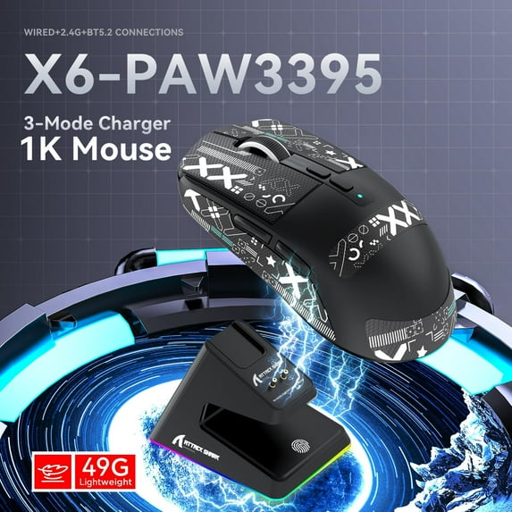 ATTACK SHARK X6 49g SUPERLIGHT Mouse with Magnetic Charging Dock, PixArt PAW3395 Gaming Sensor, BT/2.4G Wireless/Wired Gaming Mouse with Tape, 26000 DPI, X3 Upgrade Mice for Win11/Xbox/PS/Mac (Black)
