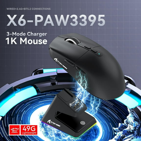 ATTACK SHARK X6 49g SUPERLIGHT Mouse with Magnetic Charging Dock, PixArt PAW3395 Gaming Sensor, BT/2.4G Wireless/Wired Gaming Mouse, 26000 DPI, X3 Upgraded Office Mice for Win11/Xbox/PS/Mac (Black)