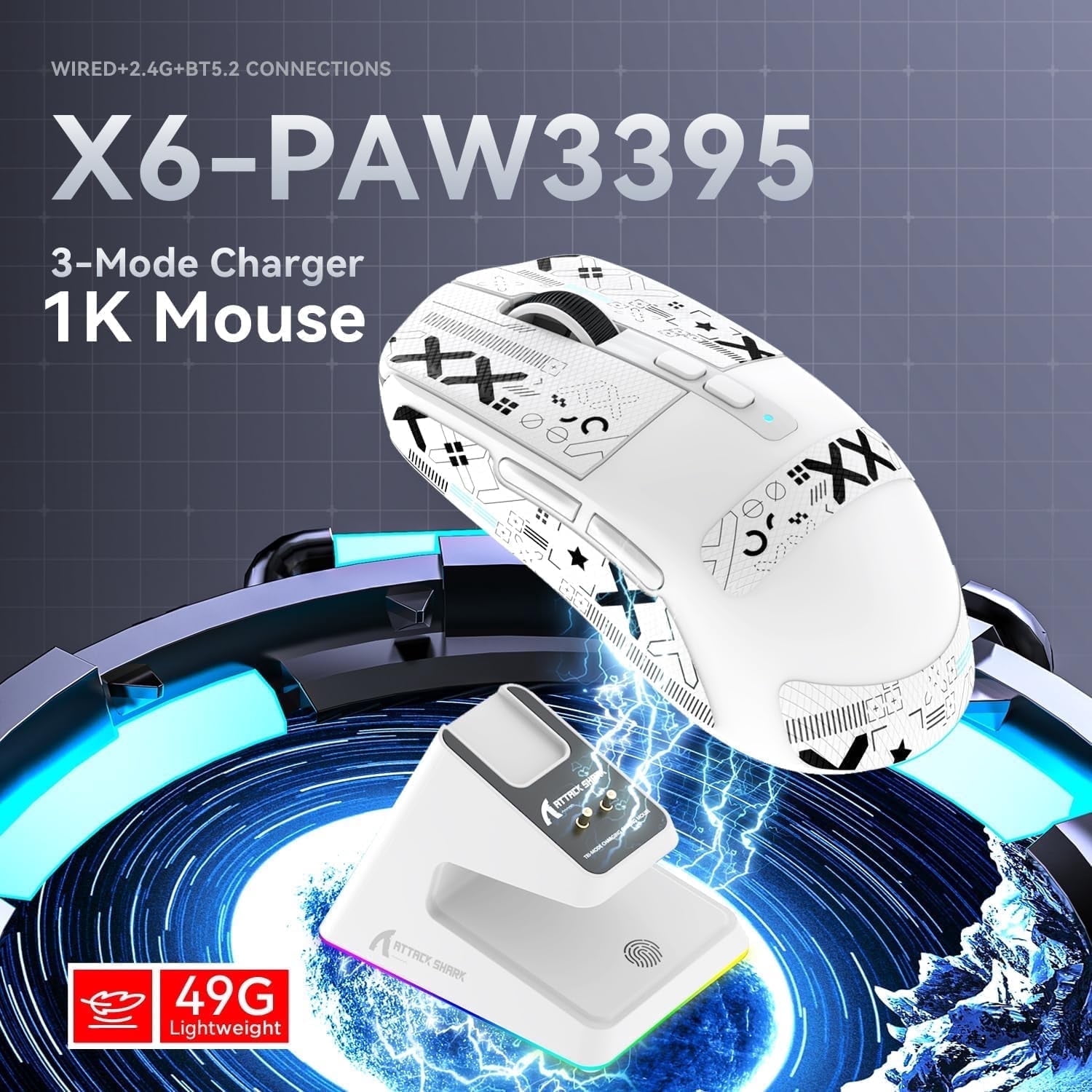 ATTACK SHARK X6 49g SUPERLIGHT Mouse, PixArt PAW3395 Gaming Sensor, BT/2.4G Wireless/Wired Gaming Mouse, 6 Adjustable DPI up to 26000, 200 Hrs Battery, G502, Office Mice for Win11/Xbox/PS/Mac (White)