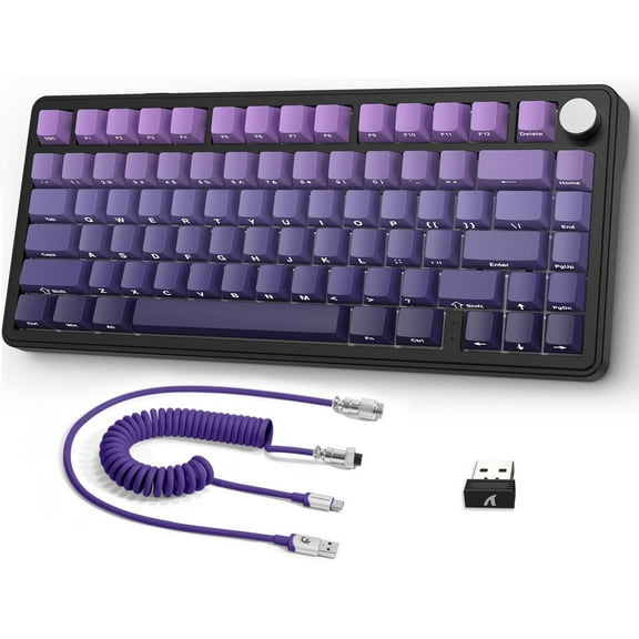 ATTACK SHARK X85 75% Mechanical Gaming Keyboard and Coiled Cable Set,Hot Swap,Wireless,Cherry Profile Side Print PBT Keycaps,Gasket,CNC Knob,RGB,NKRO White Jade Switch for Win/PC/MAC-Gradient Purple