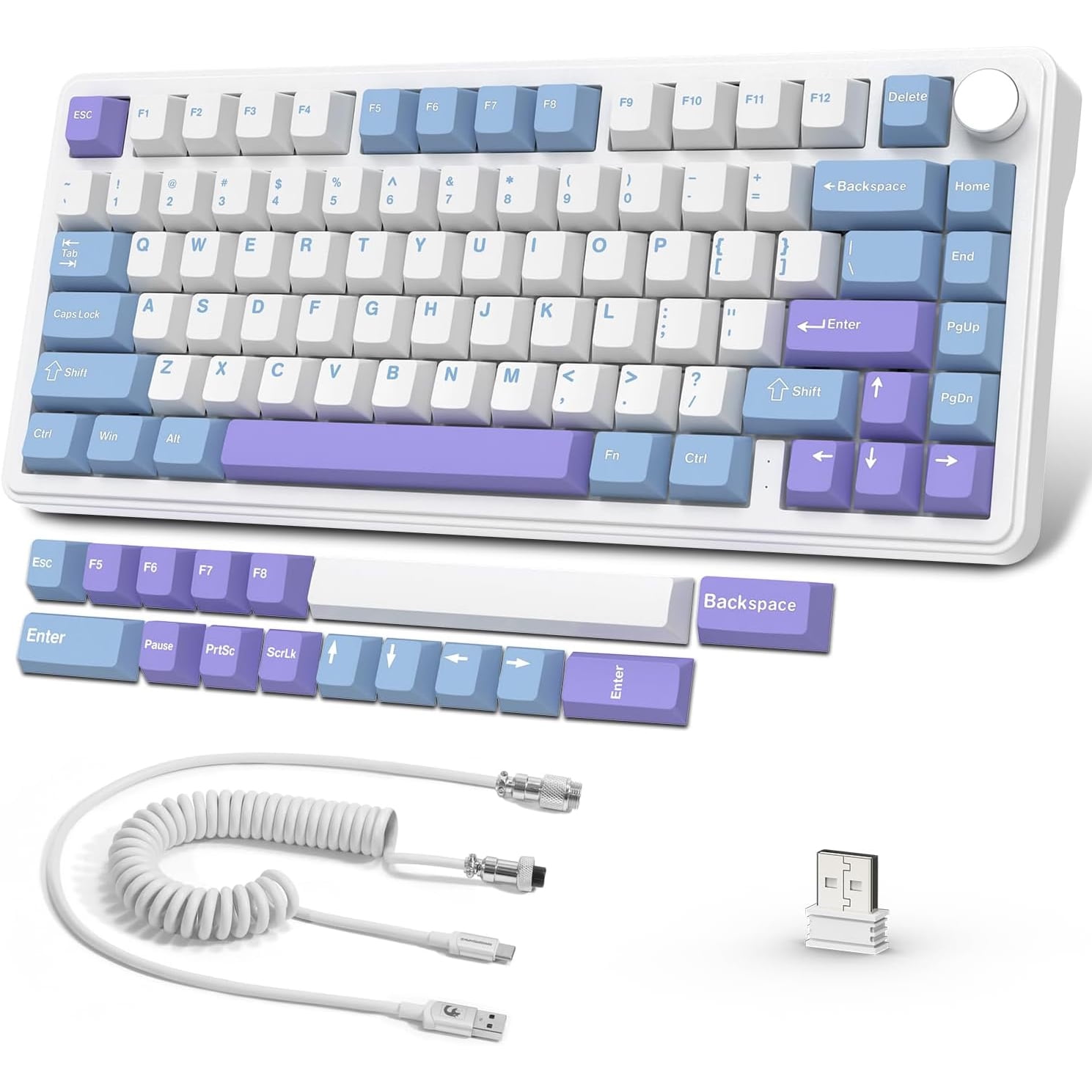 ATTACK SHARK X85 75% Mechanical Gaming Keyboard and Coiled Cable Set,Hot Swap,Wireless,Cherry Profile Side Print PBT Keycaps,Gasket,CNC Knob,RGB,NKRO White Jade Switch for Win/PC/MAC-White Purple