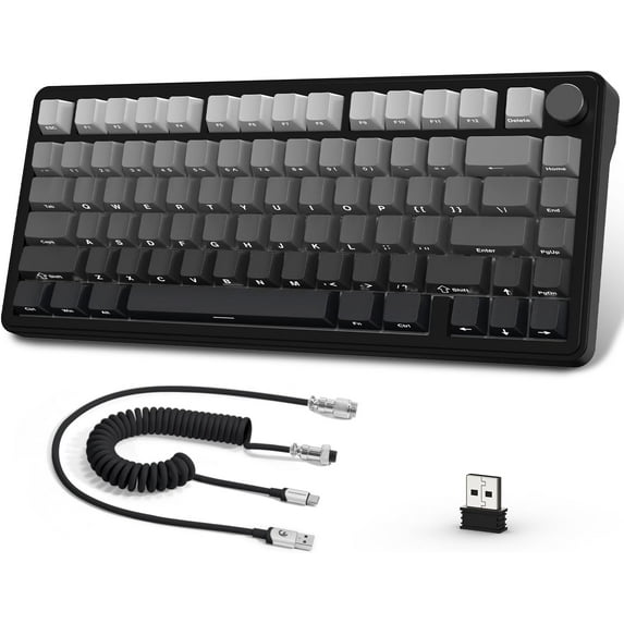ATTACK SHARK X85 75% Mechanical Gaming Keyboard and Coiled Cable Set,Hot Swap,Wireless,Cherry Profile Side Print PBT Keycaps,Gasket,CNC Knob,RGB,NKRO White Jade Switch for Win/PC/MAC-Gradient Black