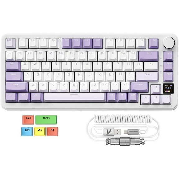ATTACK SHARK X85PRO 75% Wireless Gasket Mechanical Keyboard with Pro Coild Cable&5 Color PBT Keycaps,TFT Smart Display&CNC Knob,BT5.1/2.4G/Type C Wired,Hot-Swap Linear Switch,RGB,for PC/MAC,Purple