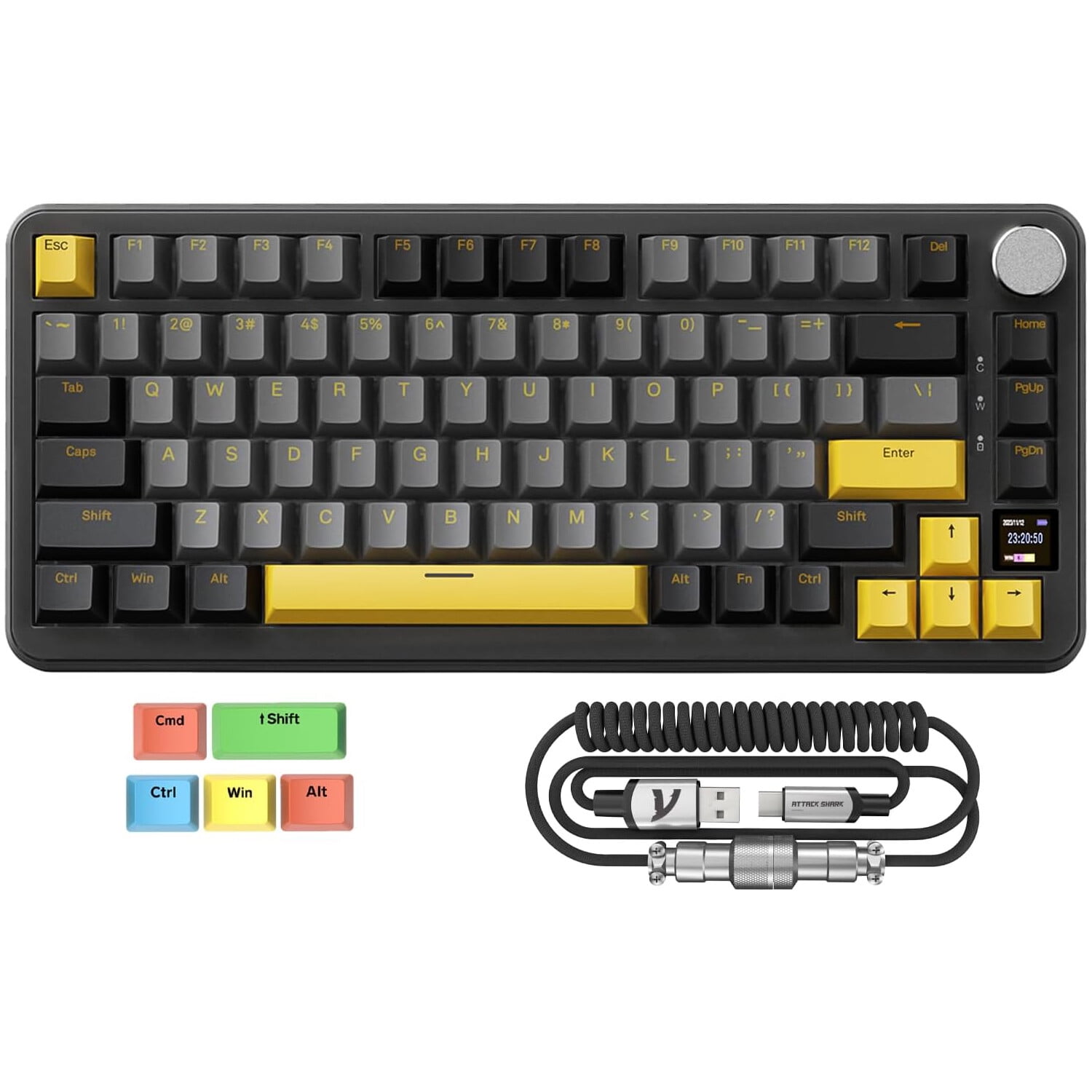 ATTACK SHARK X85PRO 75% Wireless Gasket Mechanical Keyboard with Pro Coild Cable&5 Color PBT Keycaps,TFT Smart Display&CNC Knob,BT5.1/2.4G/Type C Wired,Hot-Swap Linear Switch,RGB,for PC/MAC,Black
