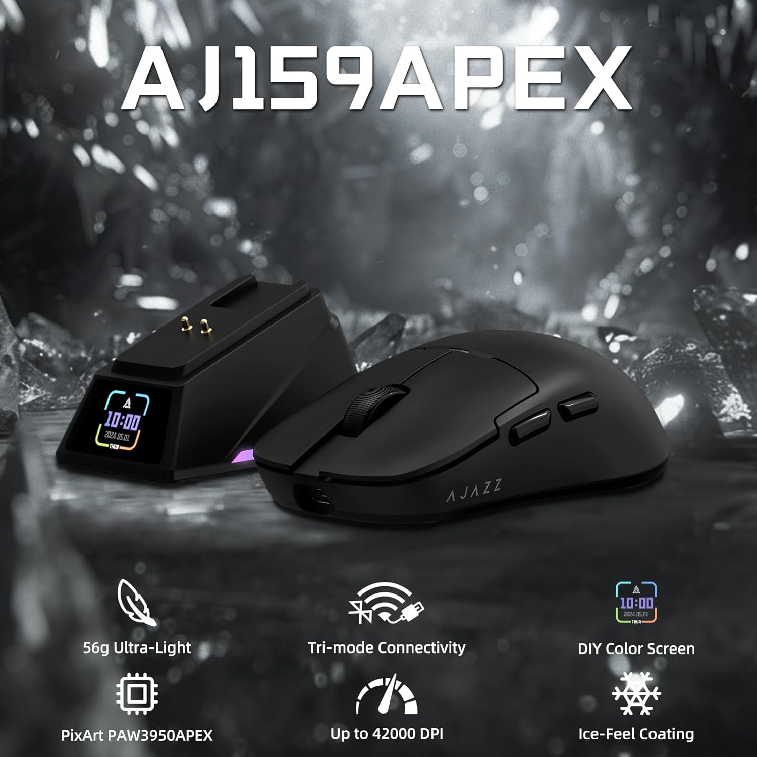 ATTACK SHARK x AJAZZ AJ159 APEX PAW3950 Triple Mode Gaming Mouse 8K with Magnetic Charging Dock with Color Display Bluetooth/2.4G Wireless/Wired-Black