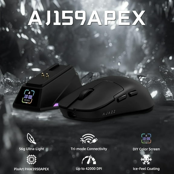 ATTACK SHARK x AJAZZ AJ159 APEX PAW3950 Triple Mode Gaming Mouse 8K with Magnetic Charging Dock with Color Display Bluetooth/2.4G Wireless/Wired-Black