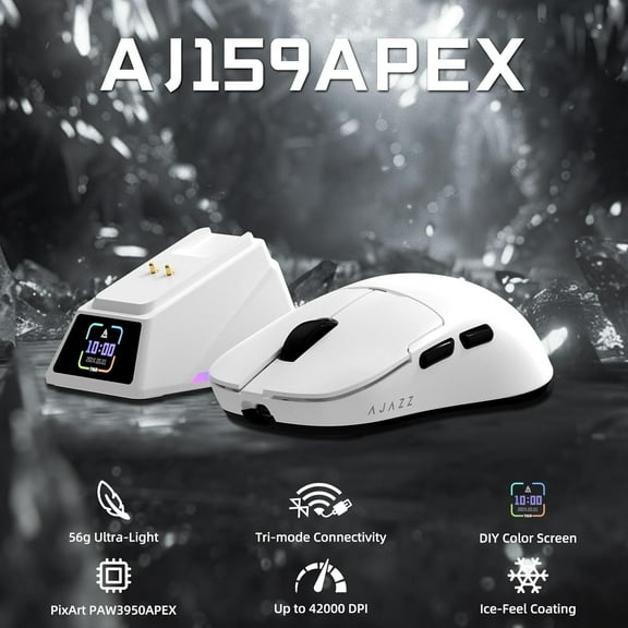 ATTACK SHARK x AJAZZ AJ159 APEX PAW3950 Triple Mode Gaming Mouse 8K with Magnetic Charging Dock with Color Display Bluetooth/2.4G Wireless/Wired-White